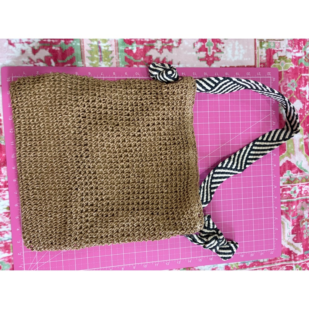 Woven Straw Tote Bag Tan Brown Striped Knotted Strap Boho Beach Shoulder Bag - Picture 4 of 6